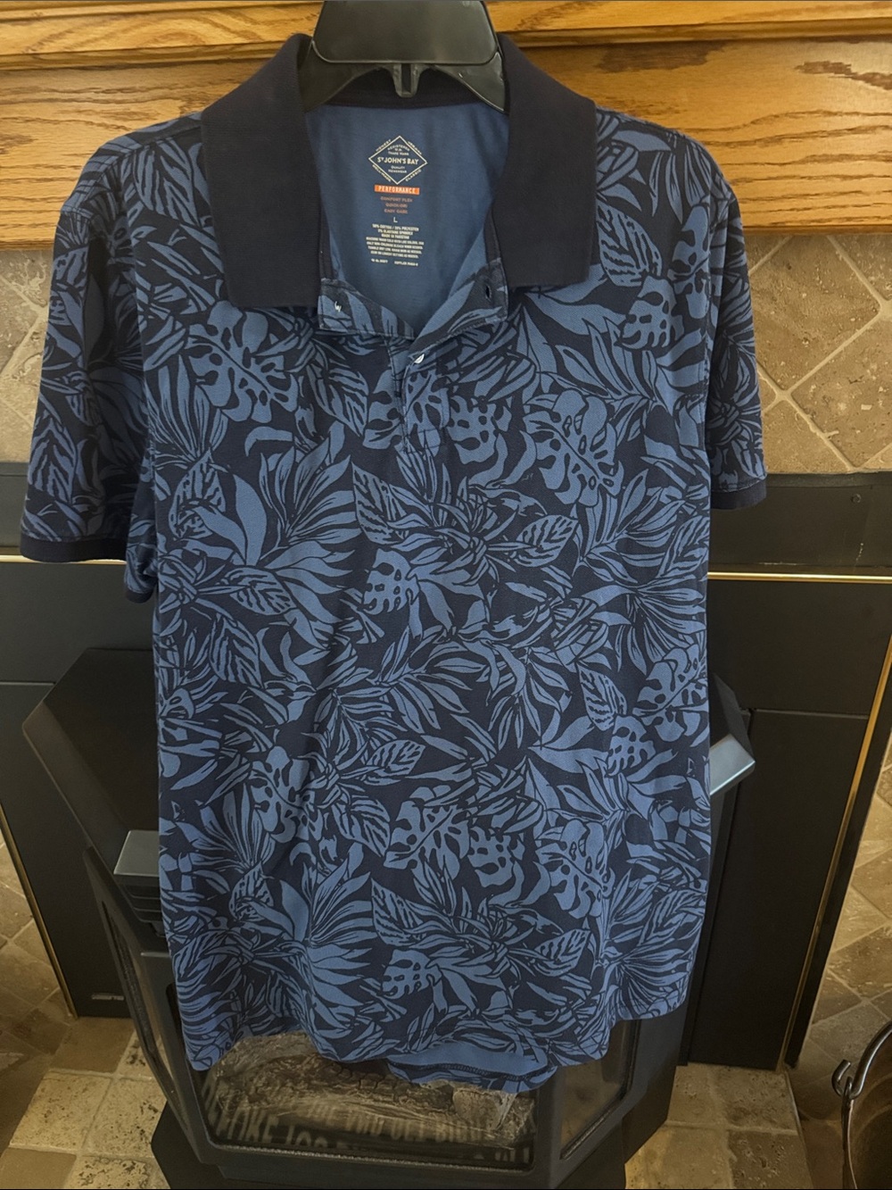 StJohns Bay Performance Comfort Flex Blue Tropical Leaf Print Polo Shirt Large